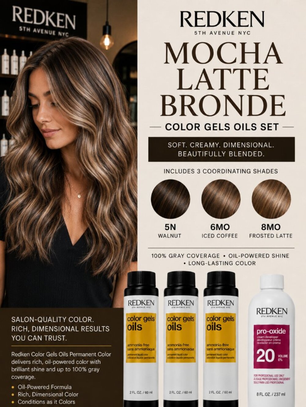 Redken Color Gels Oils Mocha Latte Bronde Hair Color Set + 20 Vol Developer